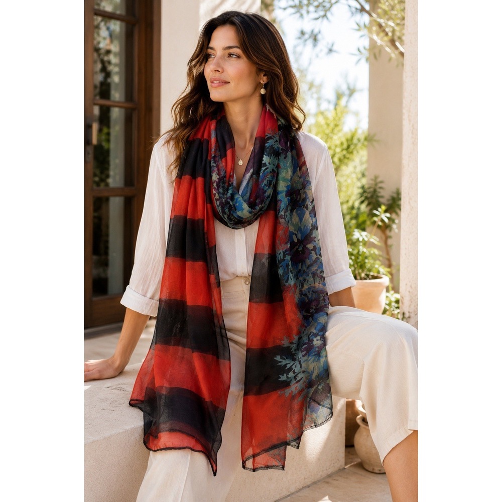 Womens Red Black Striped Floral Lightweight Scarf Wrap Shawl Semi Sheer 70 x 38